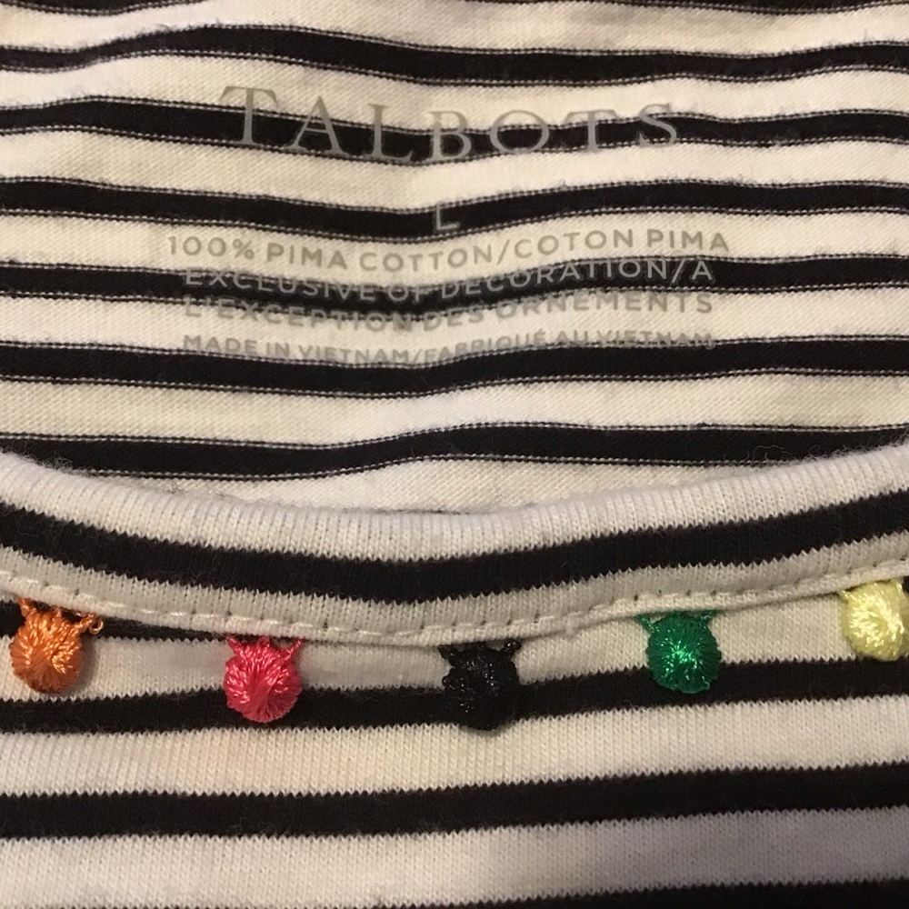 Talbots Navy & White Striped Short Pom Pom Trim Round Neck Women’s Tee Size L - Picture 2 of 5